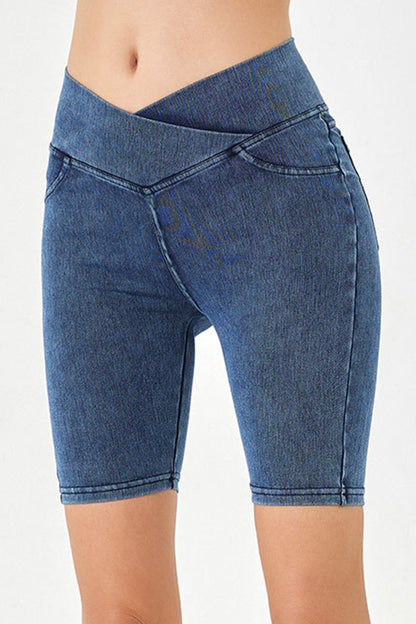 Asymmetrical Waist Denim Shorts with Pockets