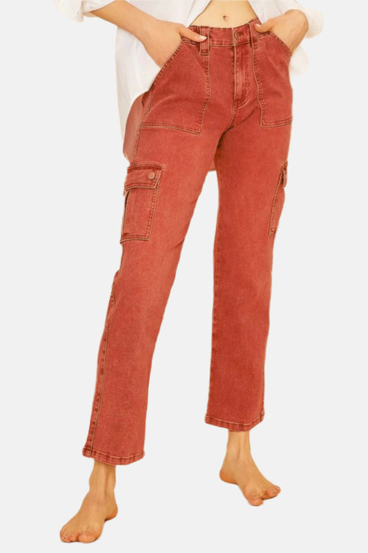 Straight Leg Jeans with Cargo Pockets Orange