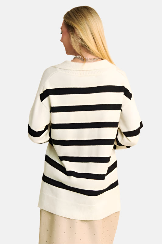 High-Low Side Slit Striped Johnny Collar Sweater