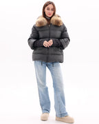 Genuine Fur Trim Down Fill Coat in Black