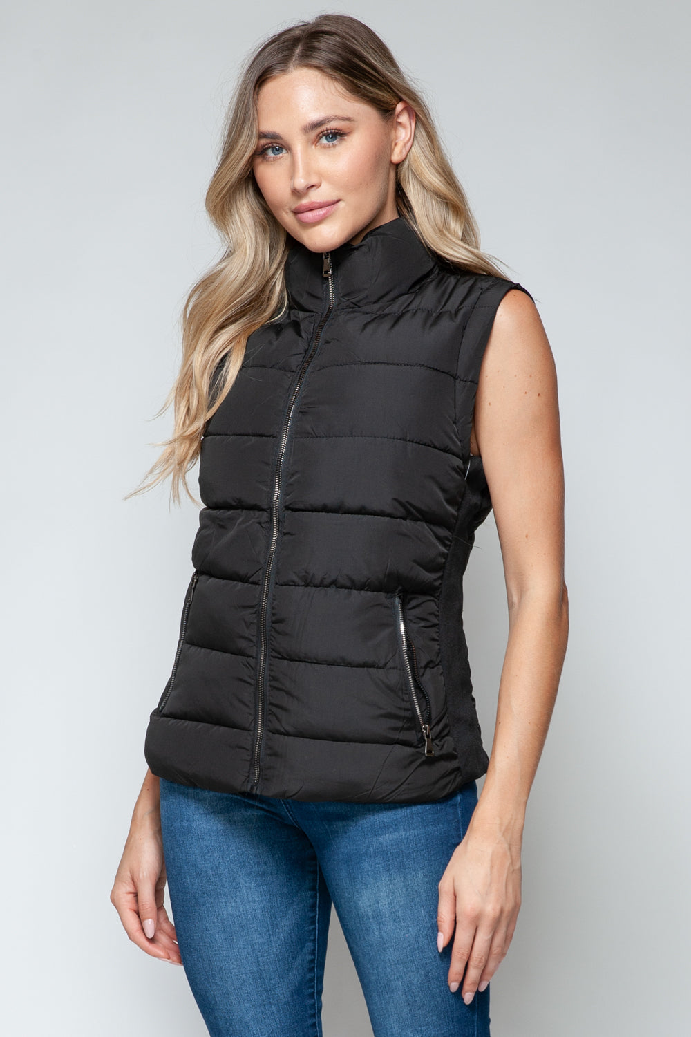 Zip-Up Turtleneck Vest with Pockets Black