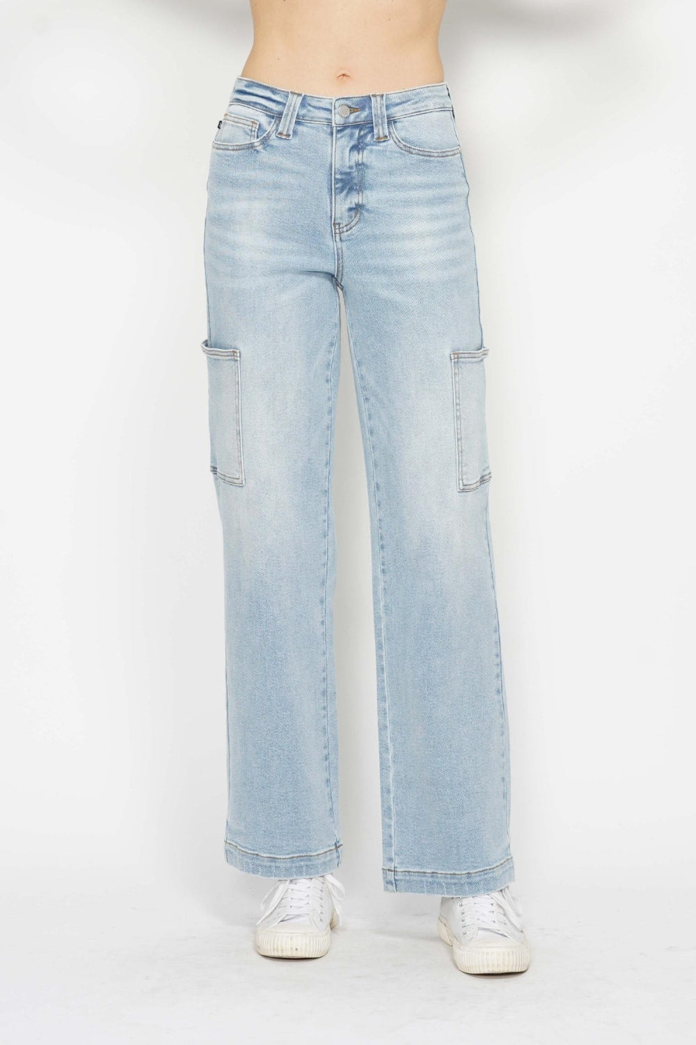Light Denim High Waist Straight Cargo Jeans