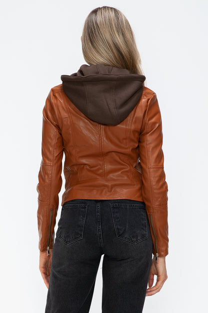 Camel Leather Zip-Up Drawstring Hooded Jacket