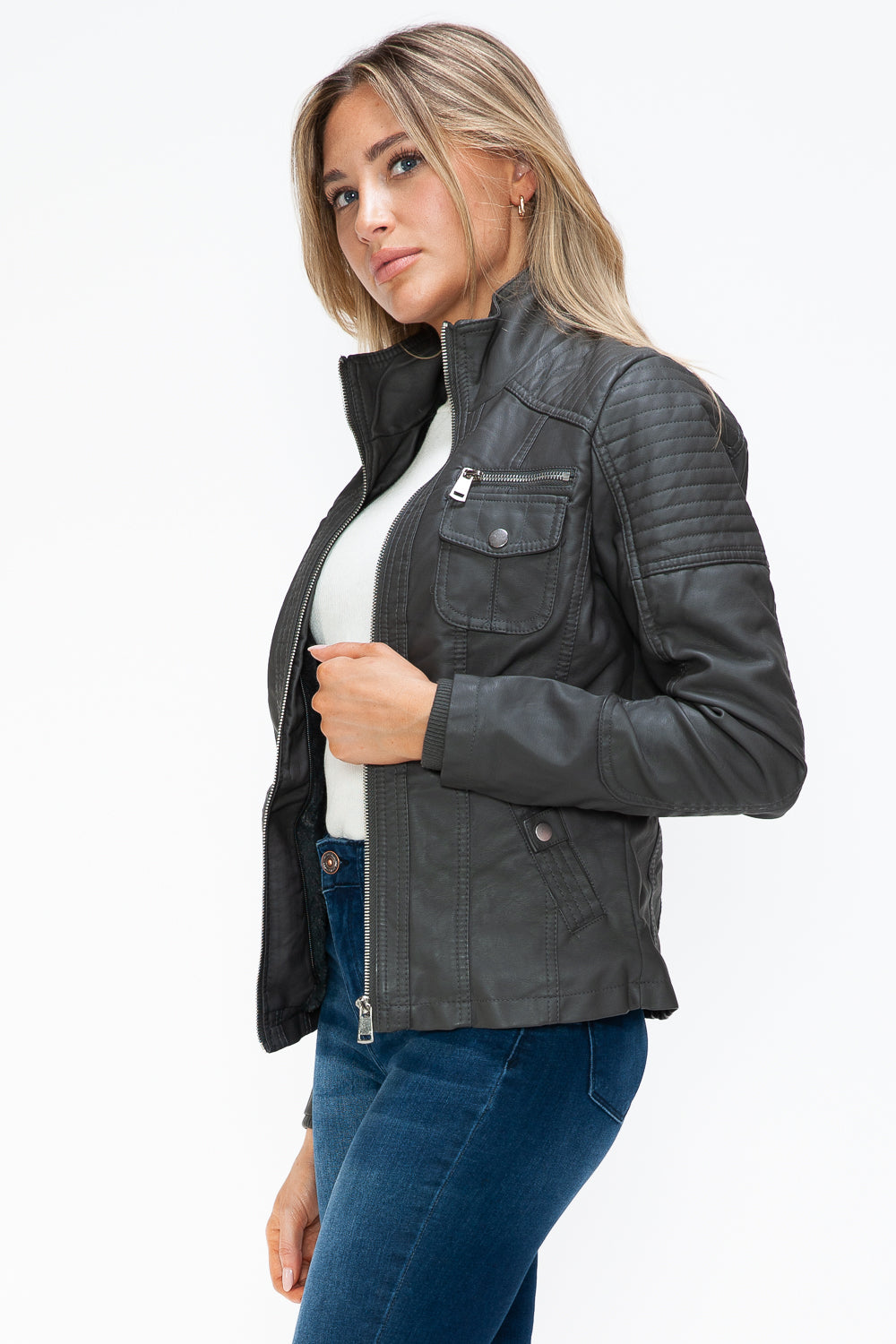 Removable Faux Layered Multi-Pocket Jacket with Fuzzy Hood Charcoal