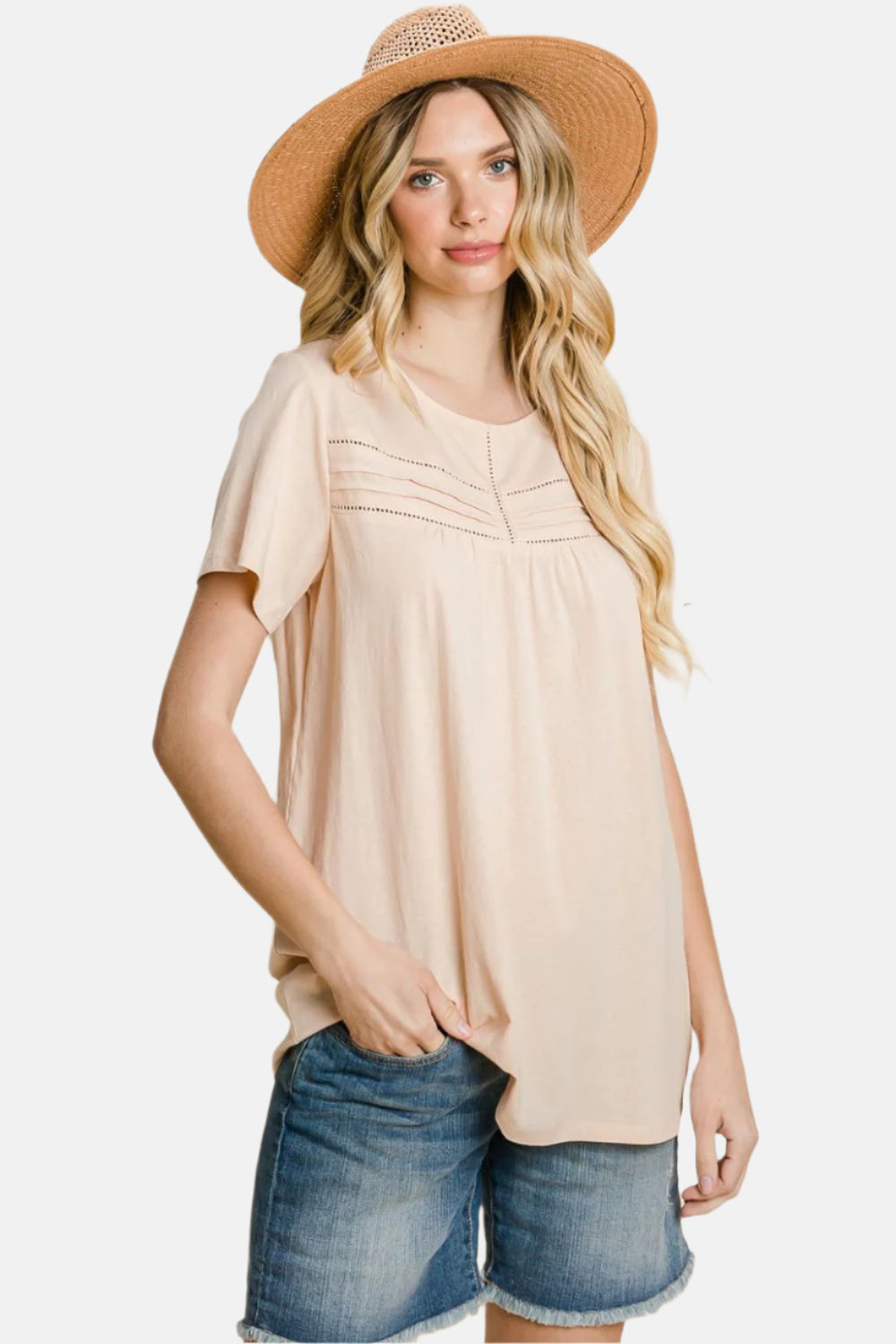 Eyelet Round Neck Short Sleeve T-Shirt