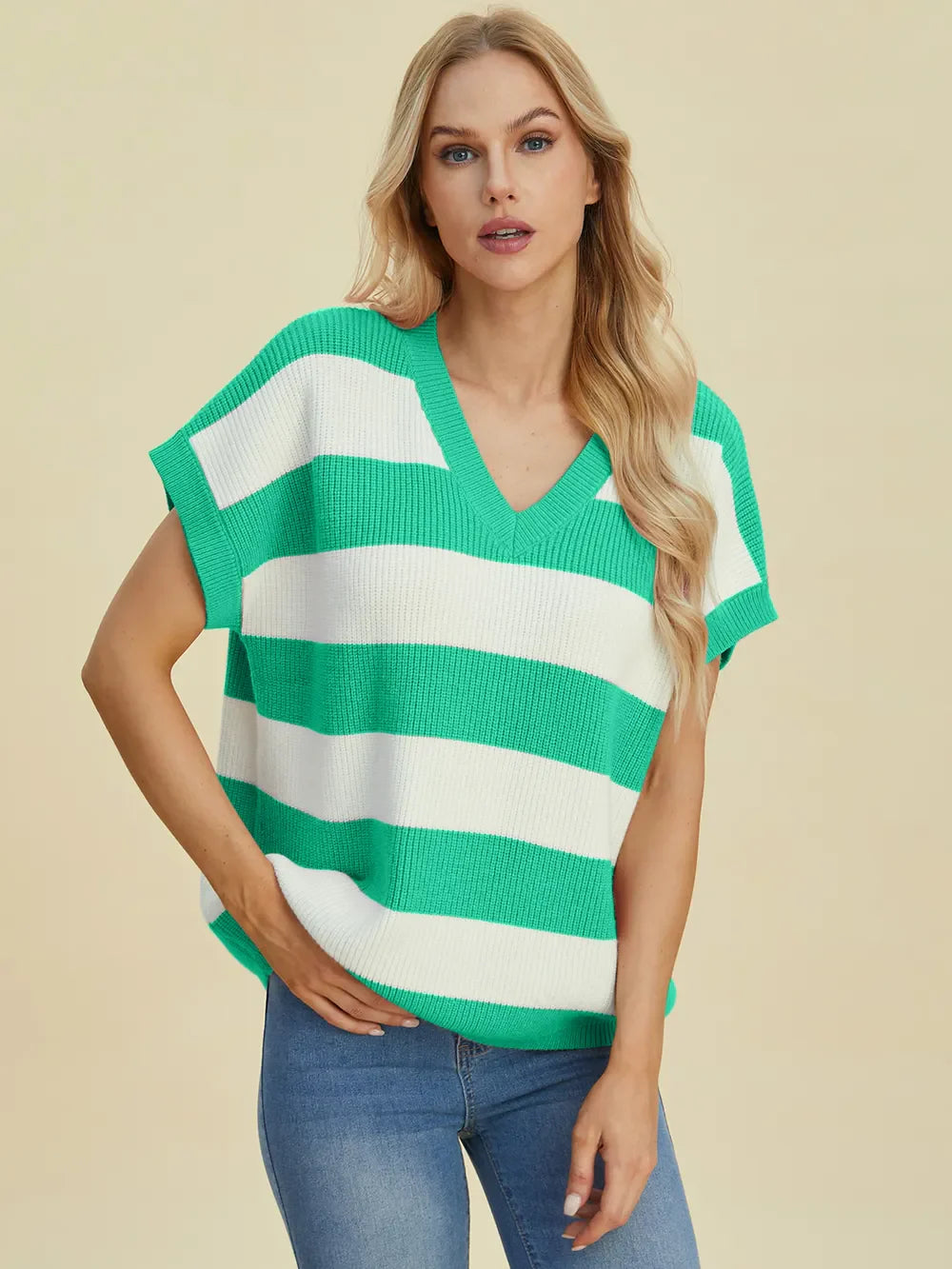 Double Take Striped V-Neck Short Sleeve Sweater