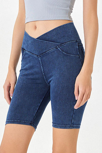 Asymmetrical Waist Denim Shorts with Pockets