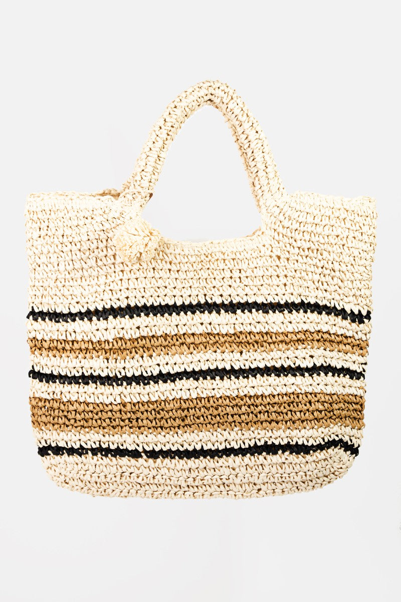 Ivory Striped Straw Braided Tote Bag