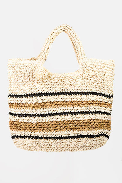 Ivory Striped Straw Braided Tote Bag