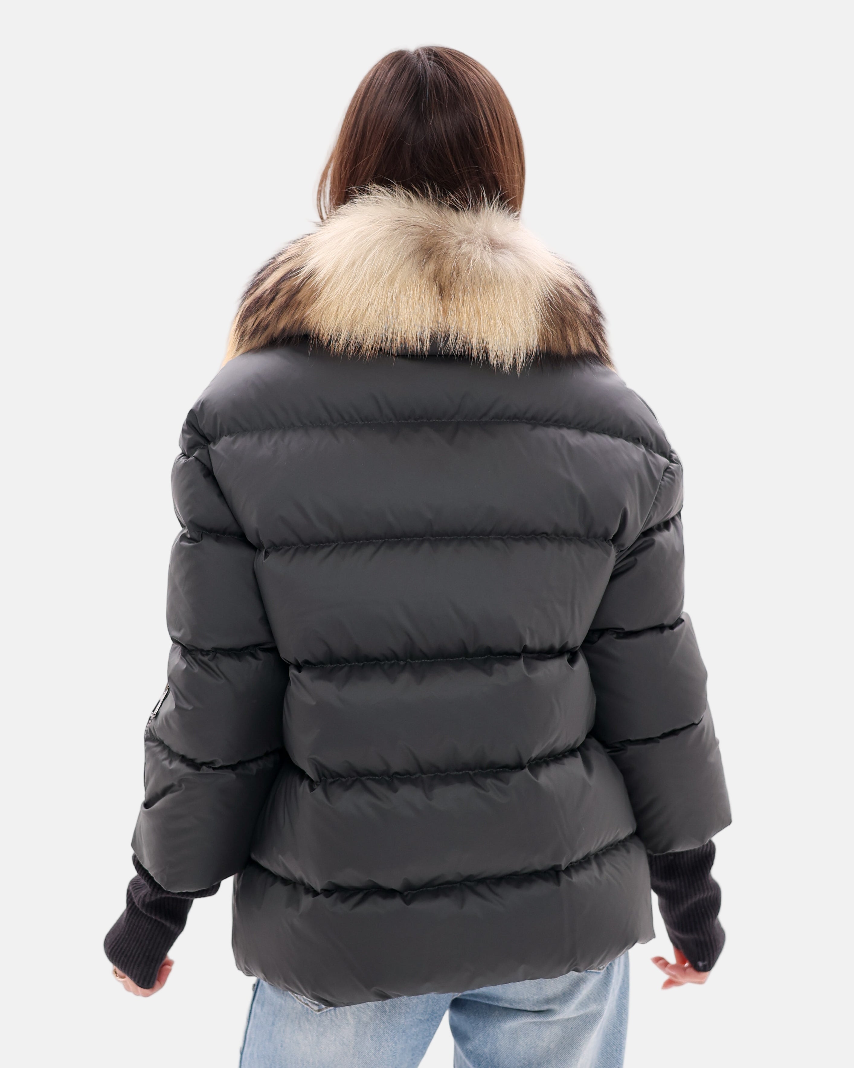 Genuine Fur Trim Down Fill Coat in Black