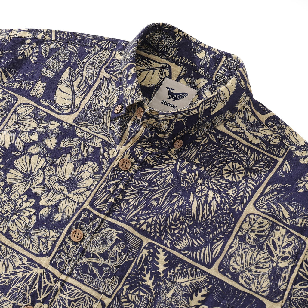 Vintage Men's Hawaiian Jungle Cotton Button-Down Long Sleeve Aloha Shirt