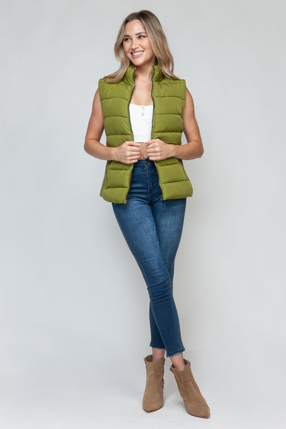 Zip-Up Turtleneck Vest with Pockets Olive