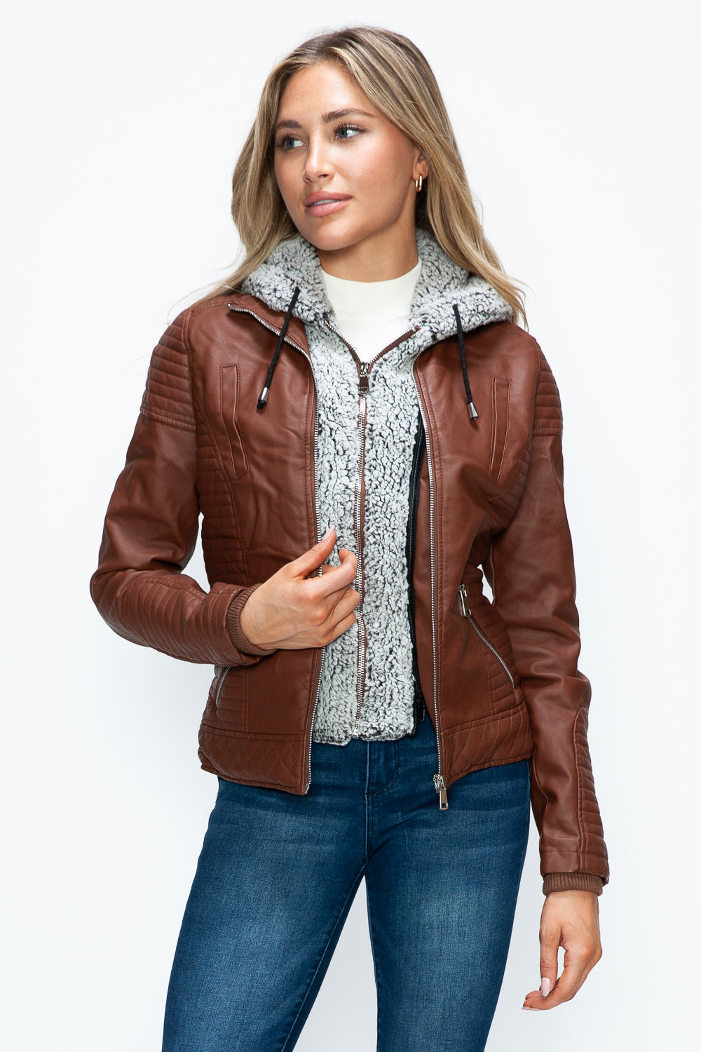 Faux Layered Double-Zipper Jacket with Fuzzy Hood Brown