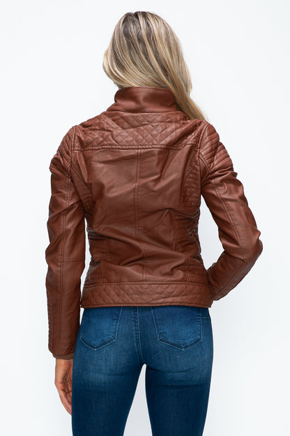 Faux Layered Double-Zipper Jacket with Fuzzy Hood Brown