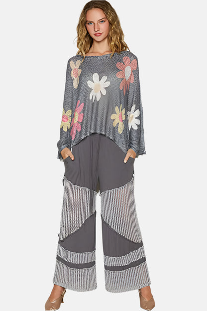 Flower Long Sleeve Knit Top Charcoal