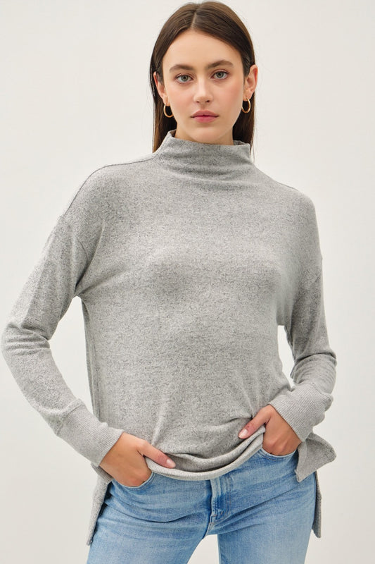 Gray Side Slit Mock Neck Long Sleeve Tunic Top