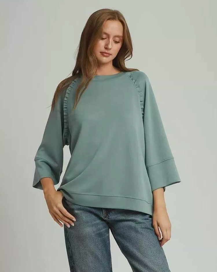 Umgee Ruffle Trim 3/4 Raglan Sleeve Top