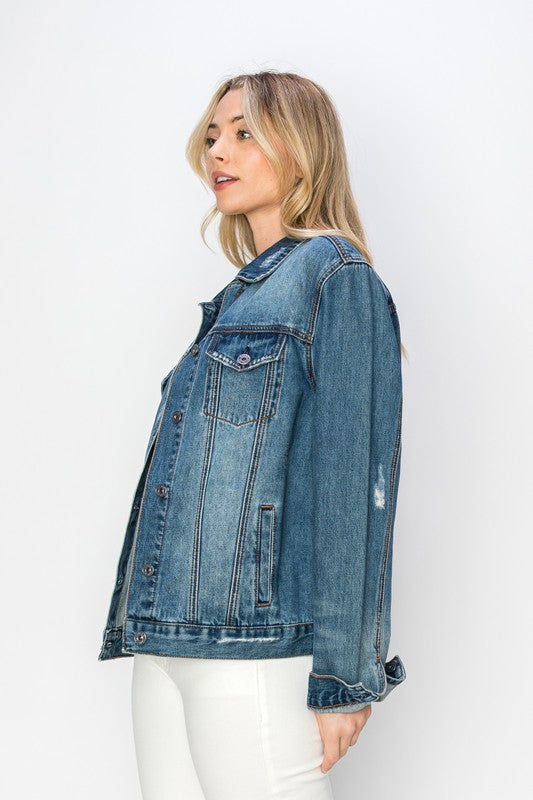 Dark Denim Distressed Button Up Jacket