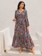 Printed Tie Neck Long Sleeve Midi Dress