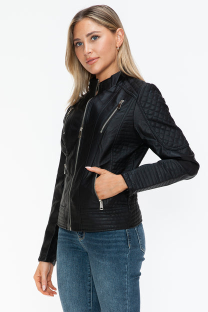 Black Faux Leather Zip-Up Mock Neck Jacket