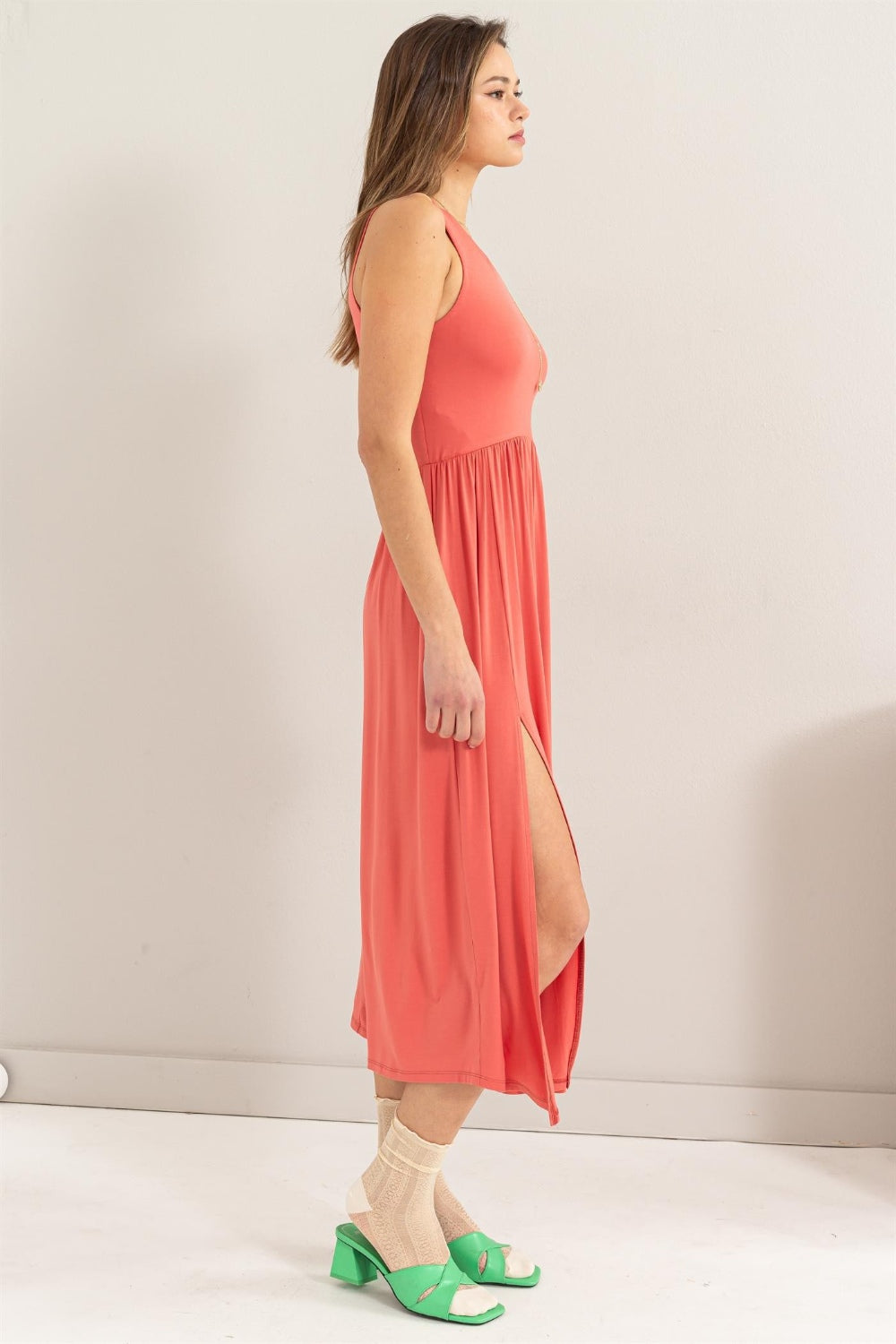 Sleeveless Slit Midi Dress Coral