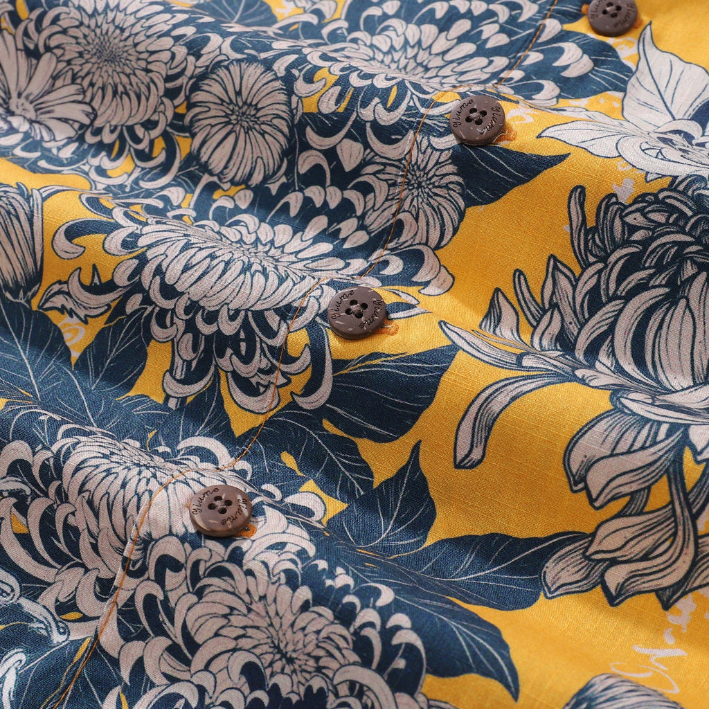 Yellow Hawaiian Japanese Flower Cotton Shirt