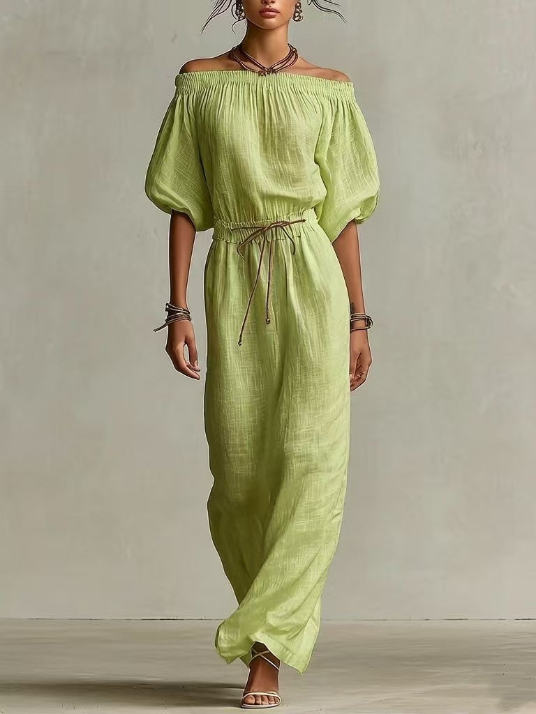 Women's Linen Pants Suit | Solid Color Lantern Sleeve Set