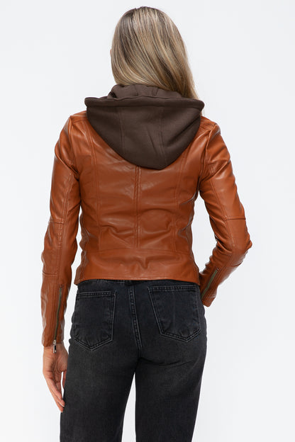 Camel Leather Zip-Up Drawstring Hooded Jacket