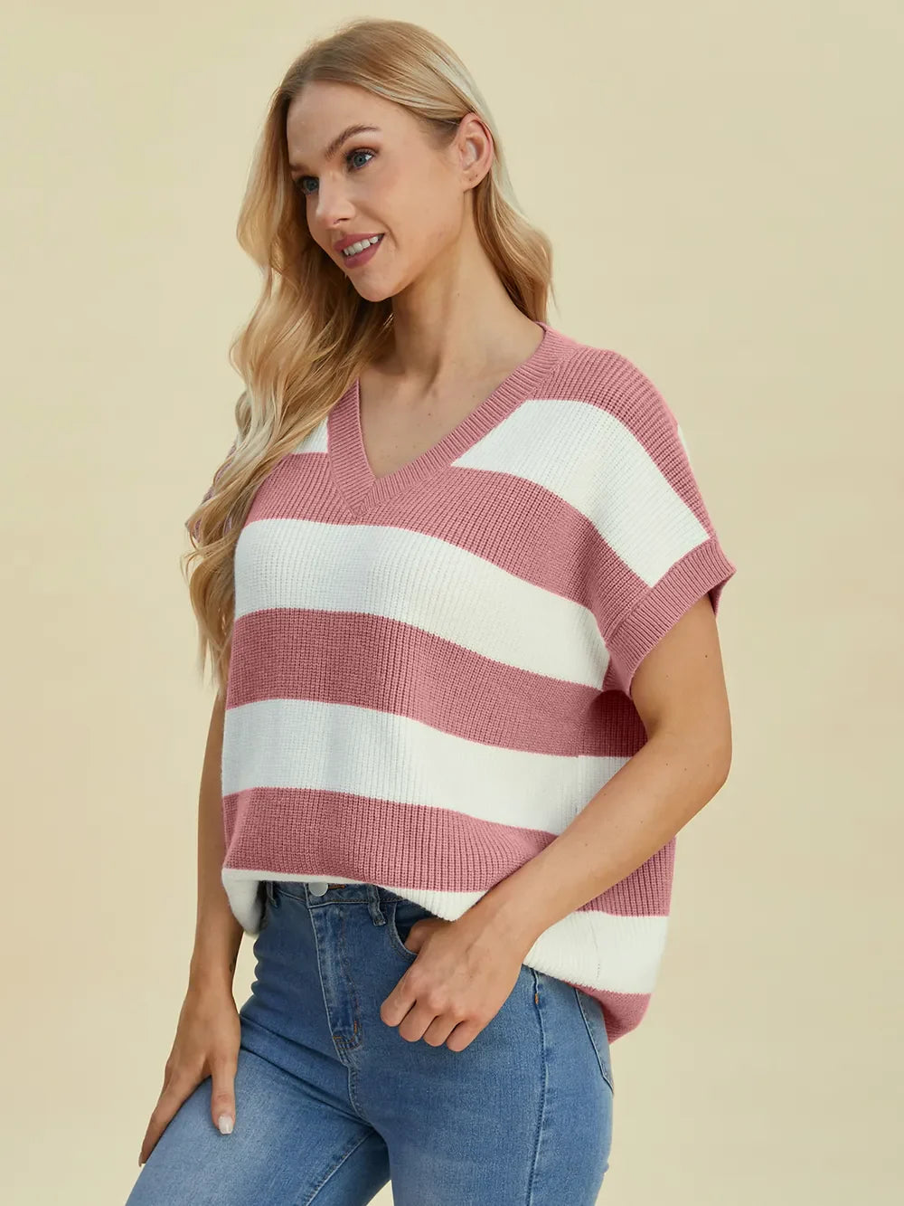 Double Take Striped V-Neck Short Sleeve Sweater