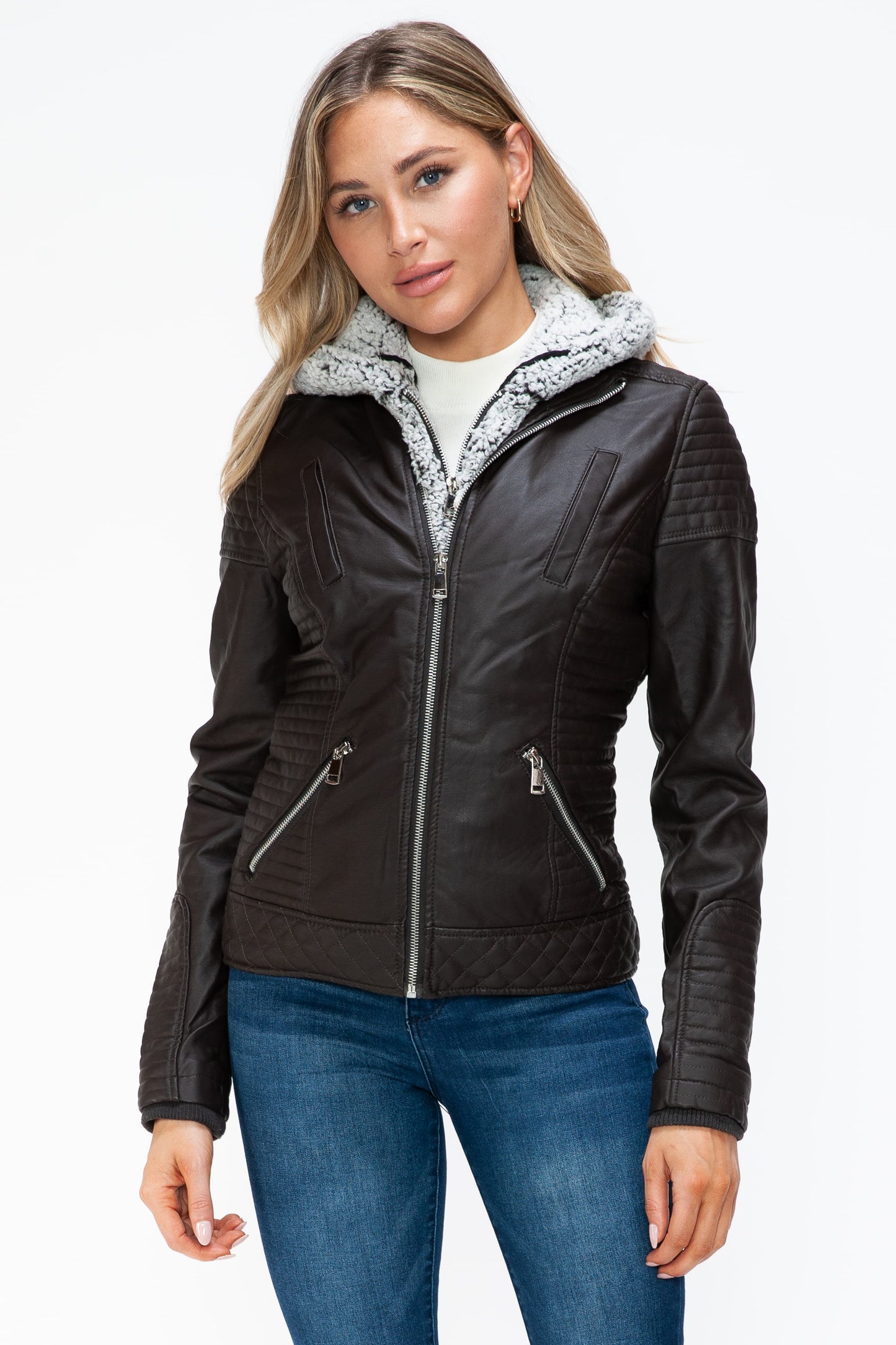 Faux Layered Double-Zipper Jacket with Fuzzy Hood Dark Choco