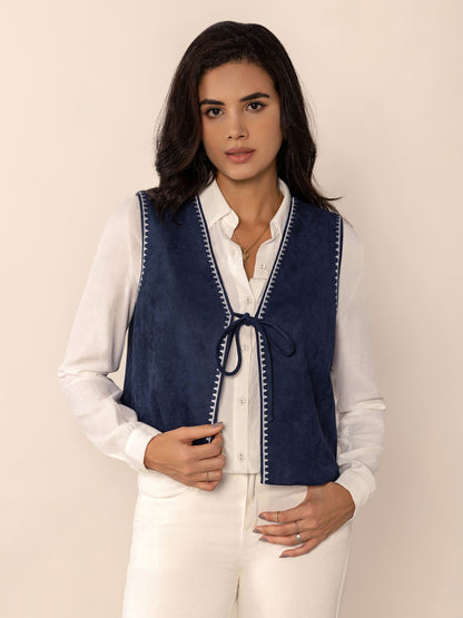 Navy Blue Tied Contrast Trim Vest