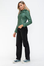 Sage Leather Zip-Up Drawstring Hooded Jacket
