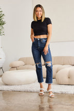 Crop Dylan Tummy Control Distressed High Waist Raw Hem Jeans