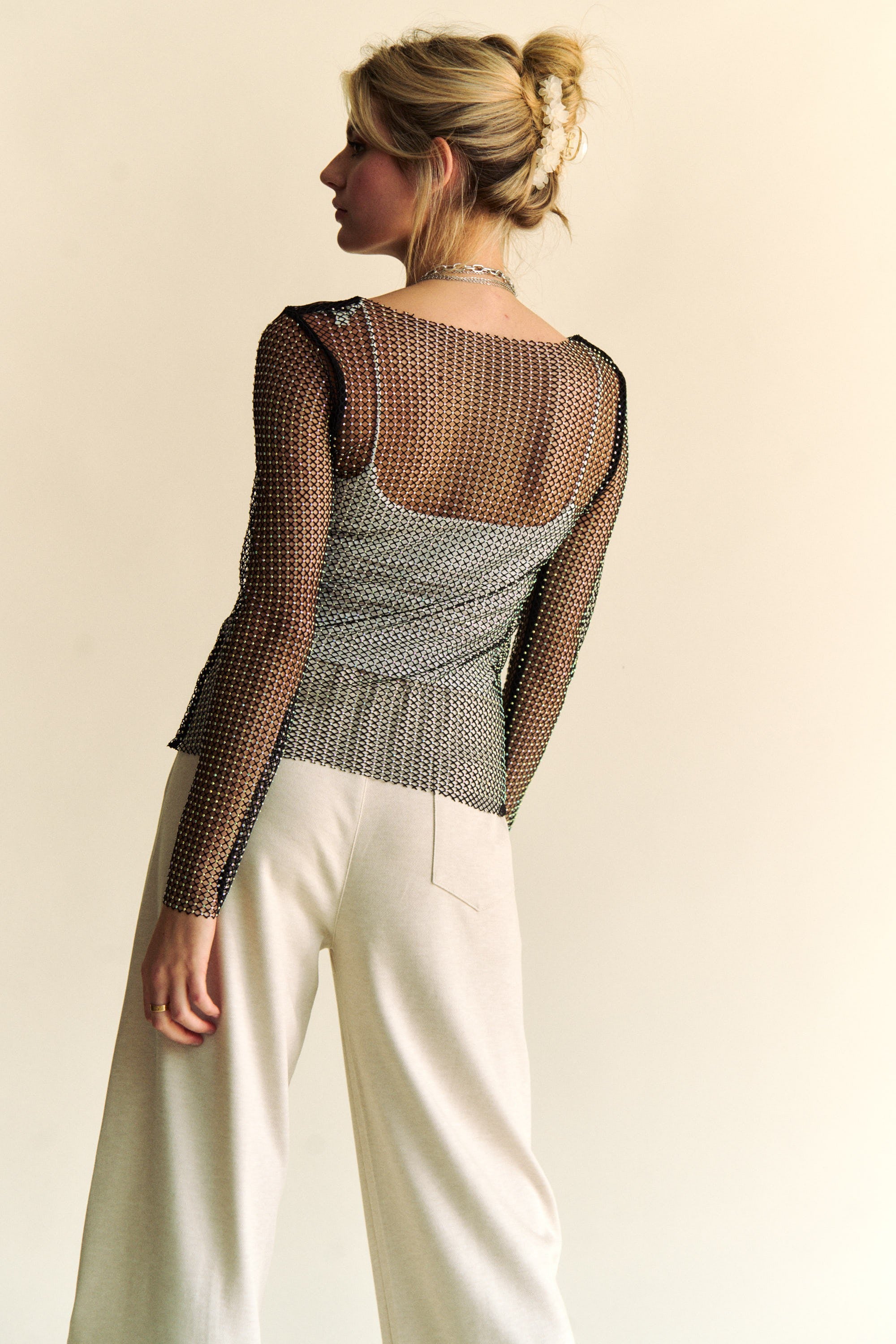 Black Sparkling Rhinestone Sheer Mesh Round Neck Top