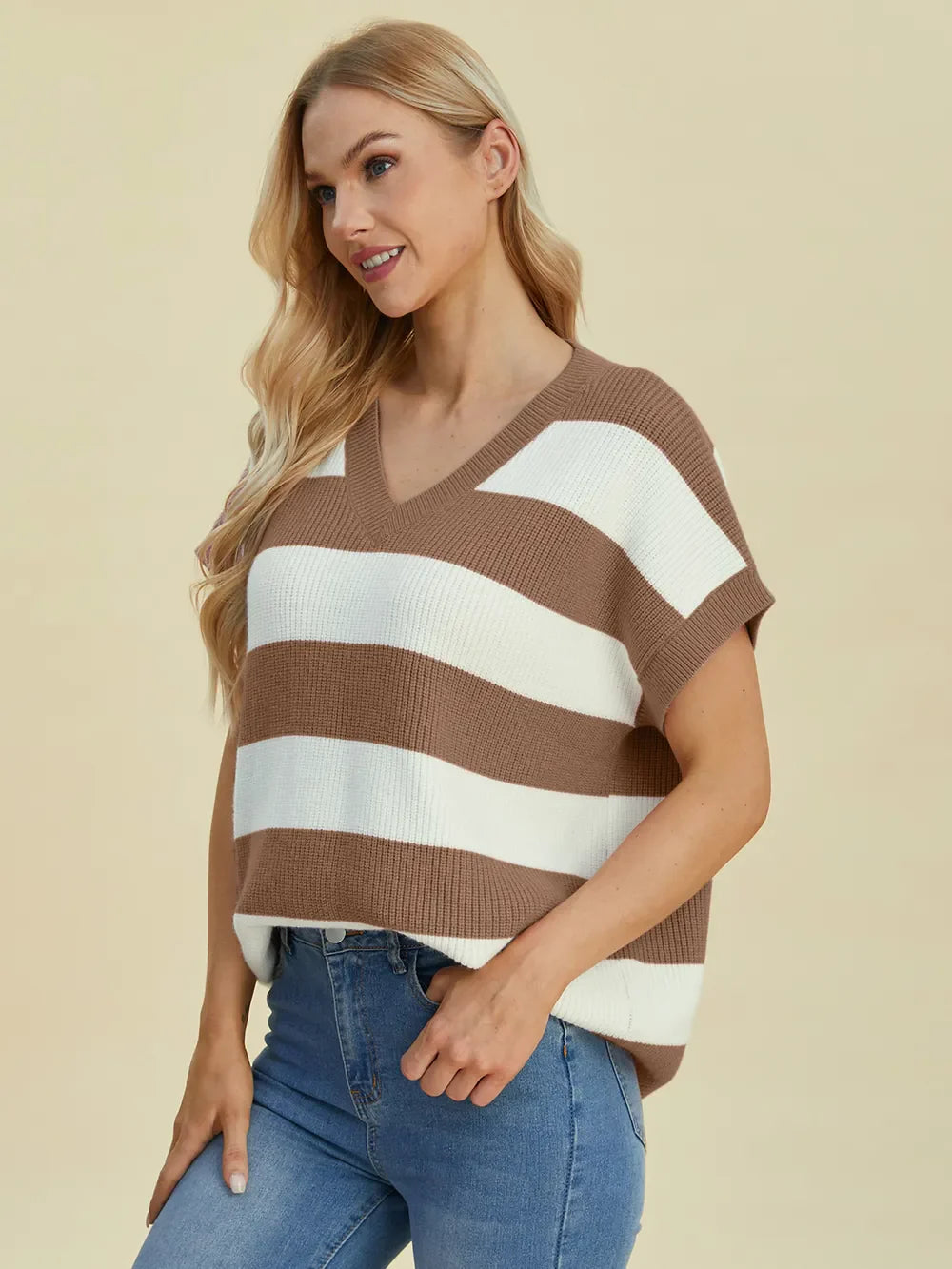 Double Take Striped V-Neck Short Sleeve Sweater