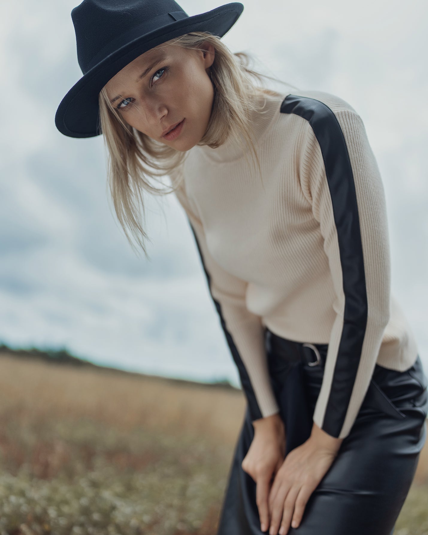 Turtleneck Sweater with Leather Detail