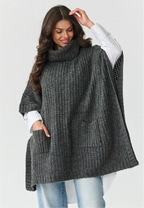 Oversized Wool Blend Turtleneck Poncho Sweater in Dark Grey