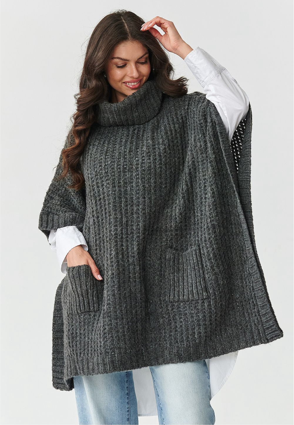 Oversized Wool Blend Turtleneck Poncho Sweater in Dark Grey