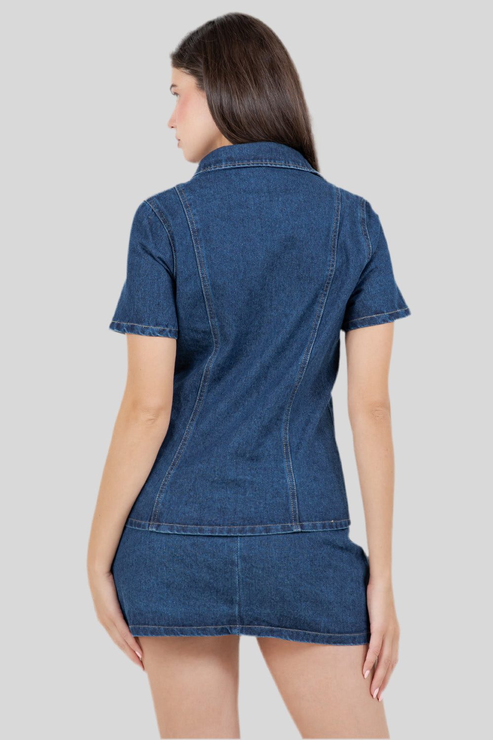 Short Sleeve Button Shirt and Mini Skirt Denim Set