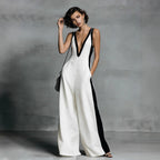 Women's Color-Block Sleeveless V-Neck Wide-Leg Jumpsuit