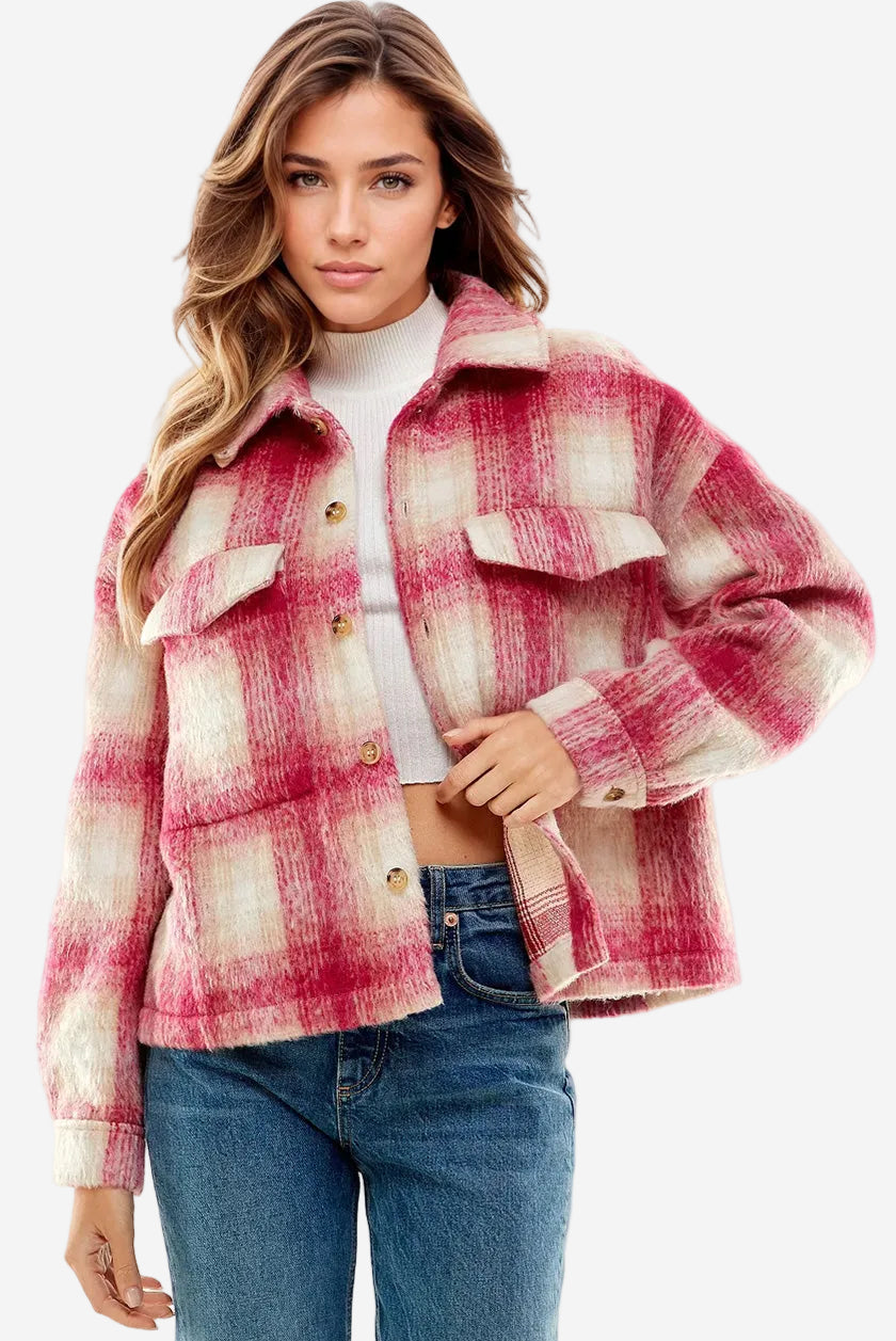 Vibrant Aura Pink Plaid Pocket Shacket