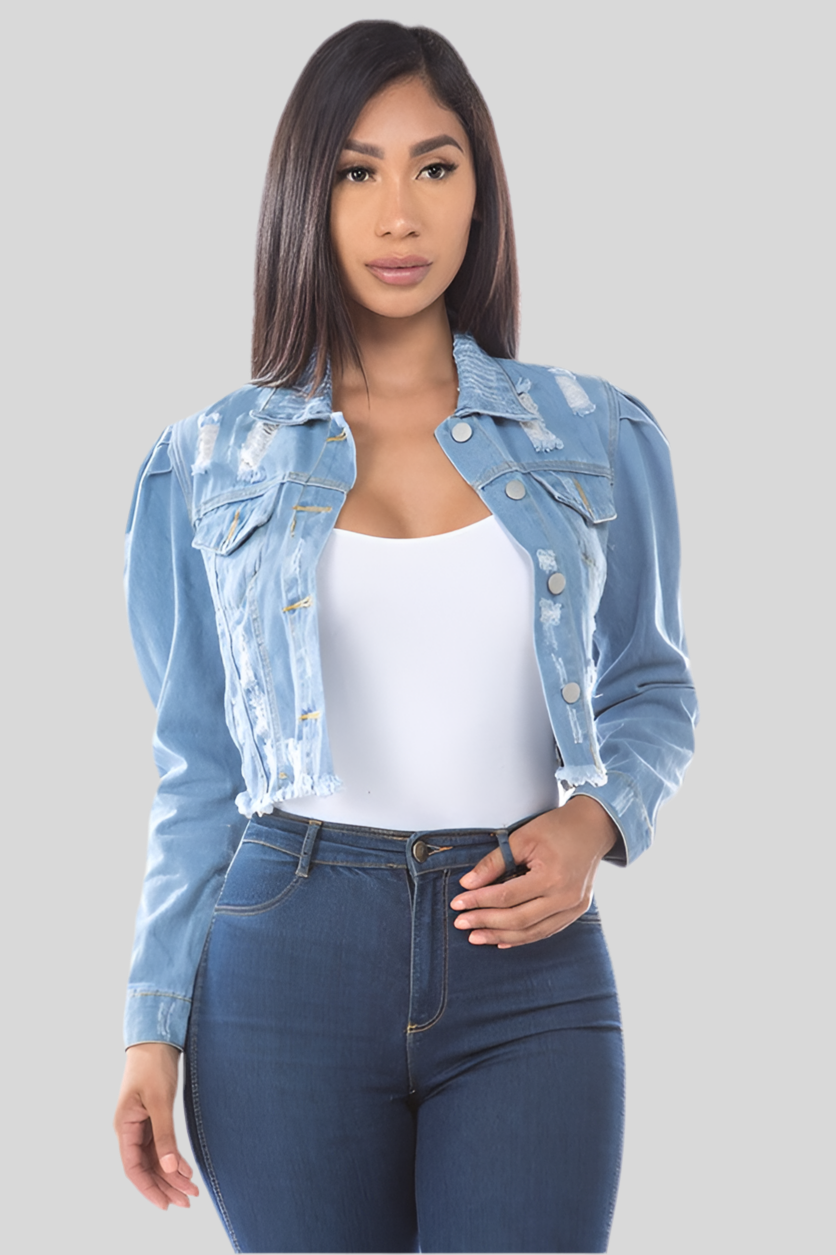 Light Wash Distressed Denim Crop Jacket