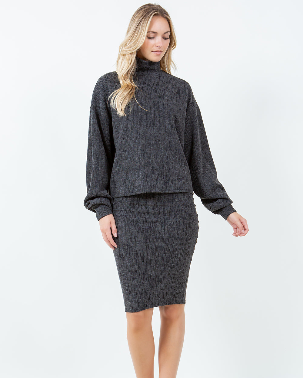 Alina Long Sleeve Midi Skirt Set | Grey