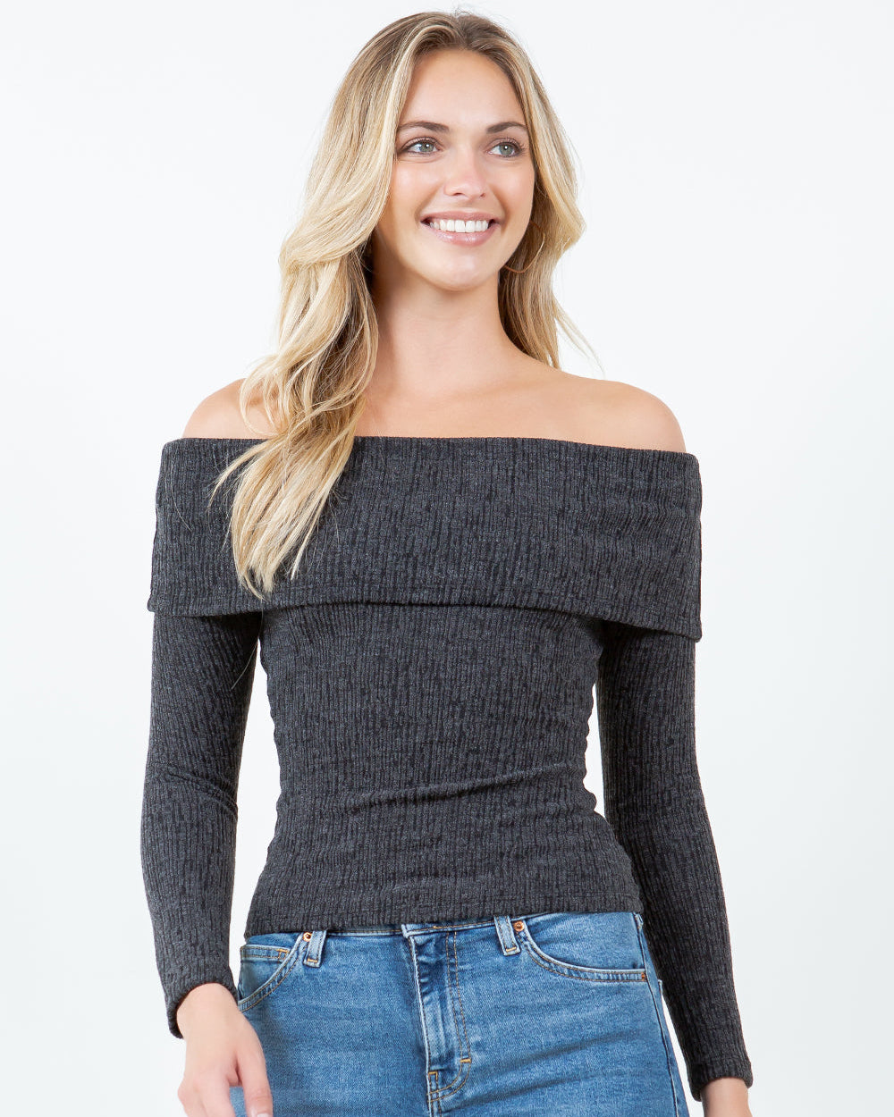 Elliana Textured Off Shoulder Top | Charcoal