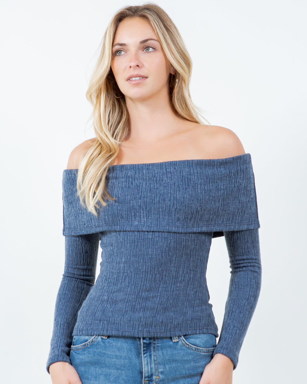 Elliana Textured Off Shoulder Top | Denim Blue