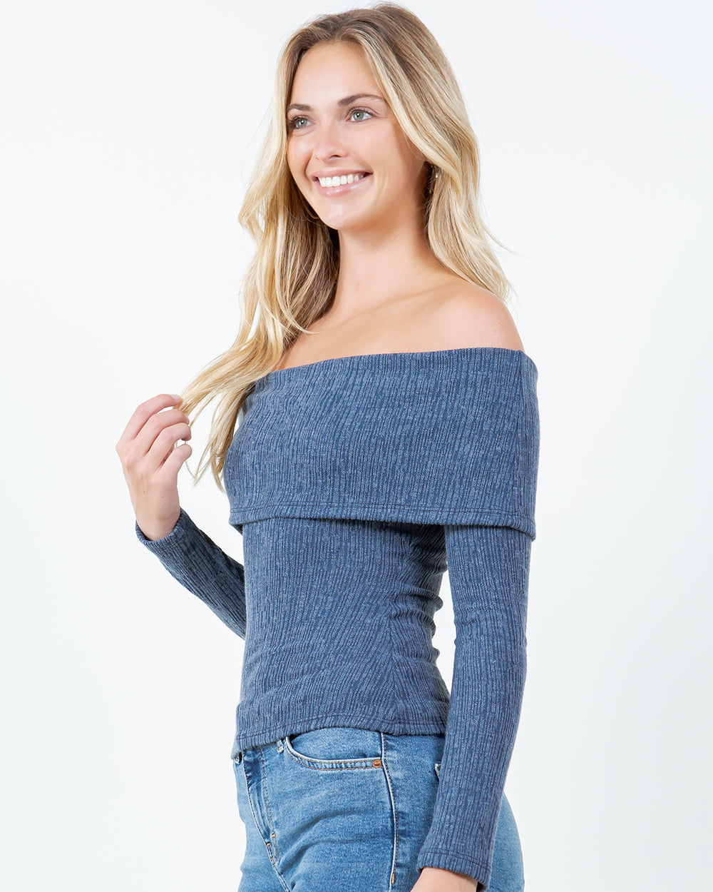Elliana Textured Off Shoulder Top | Denim Blue