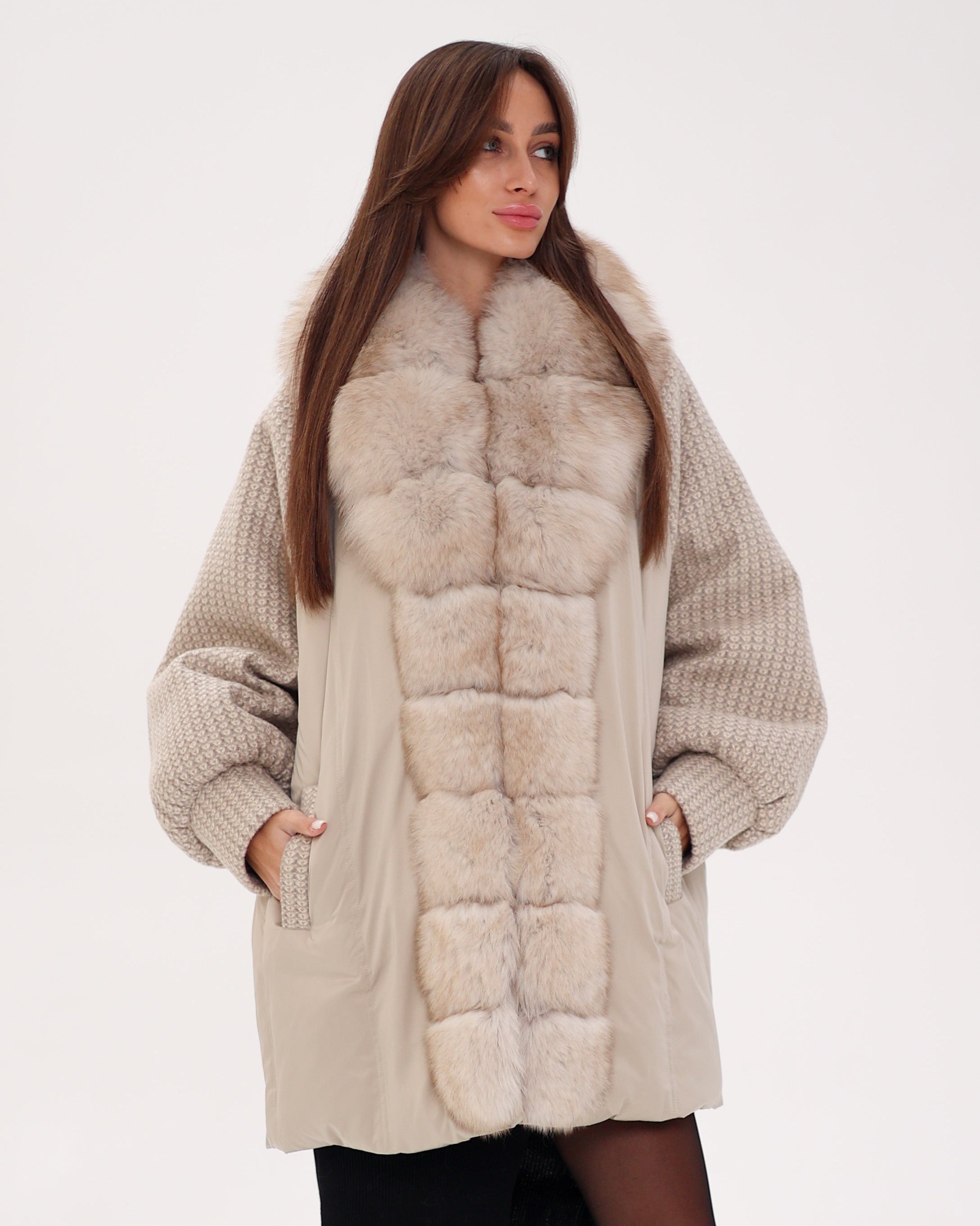Genuine Polar Fox Boucle Down Coat