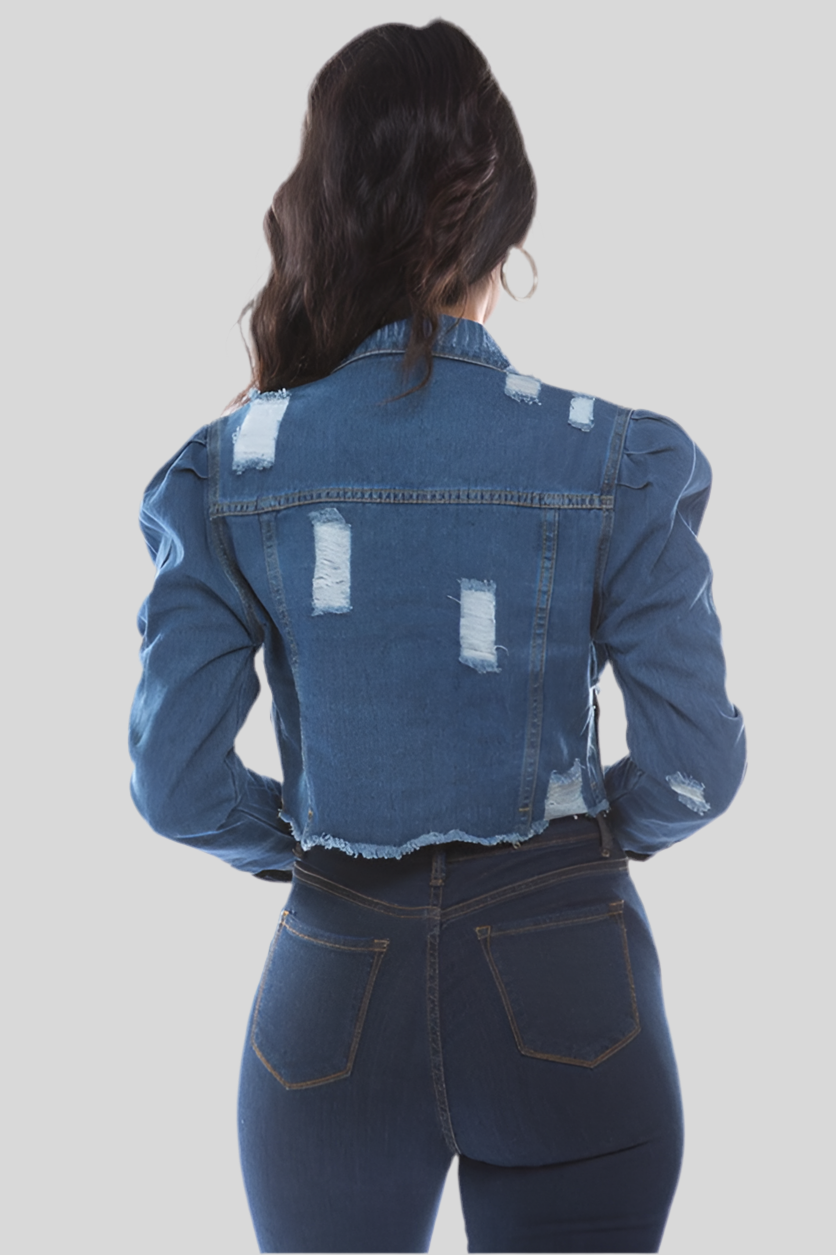 Mid Wash Distressed Denim Crop Jacket