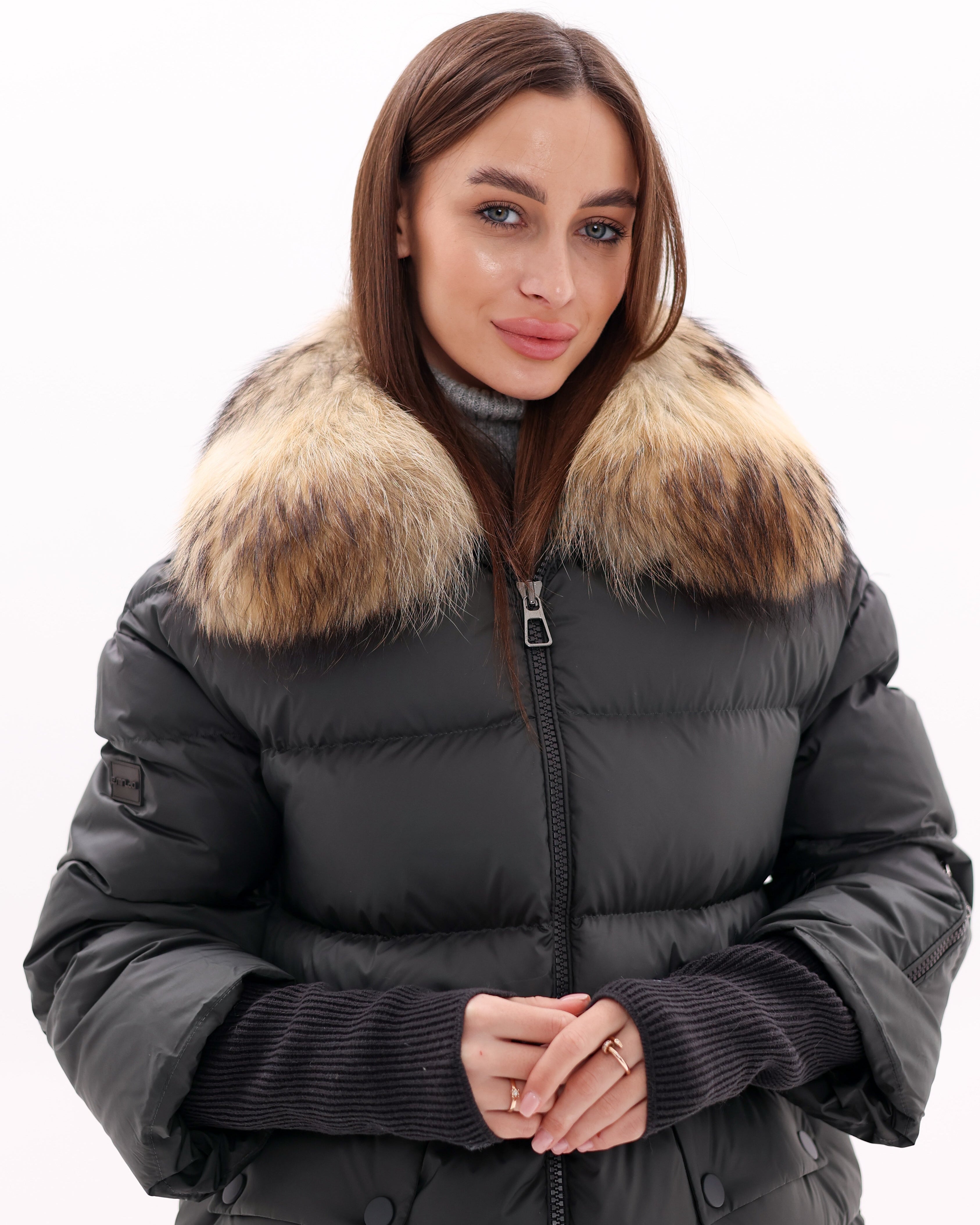 Genuine Fur Trim Down Fill Coat in Black