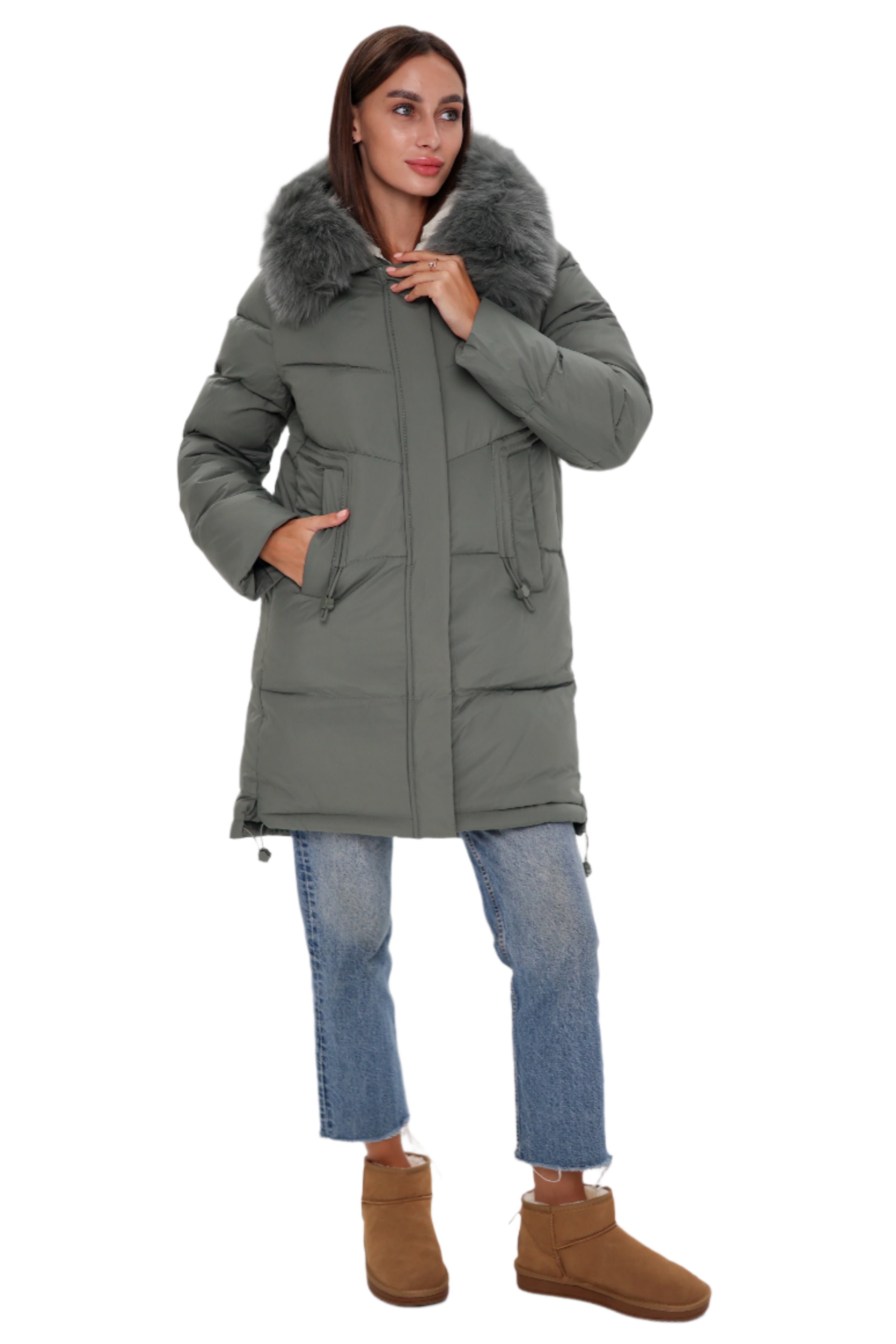 Genuine Polar Fox Trim Bio Down Coat | Sage